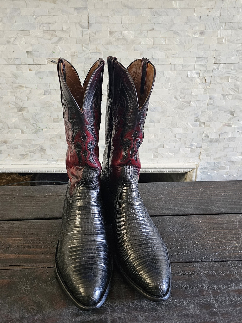 Lucchese black lizard boots with black cherry shaft and Black leather inlays